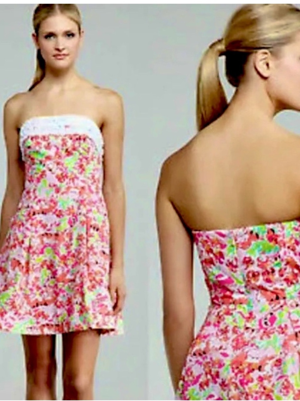 Lilly Pulitzer Ferra Floral Dress Call Me Kitty Strapless Pink Green